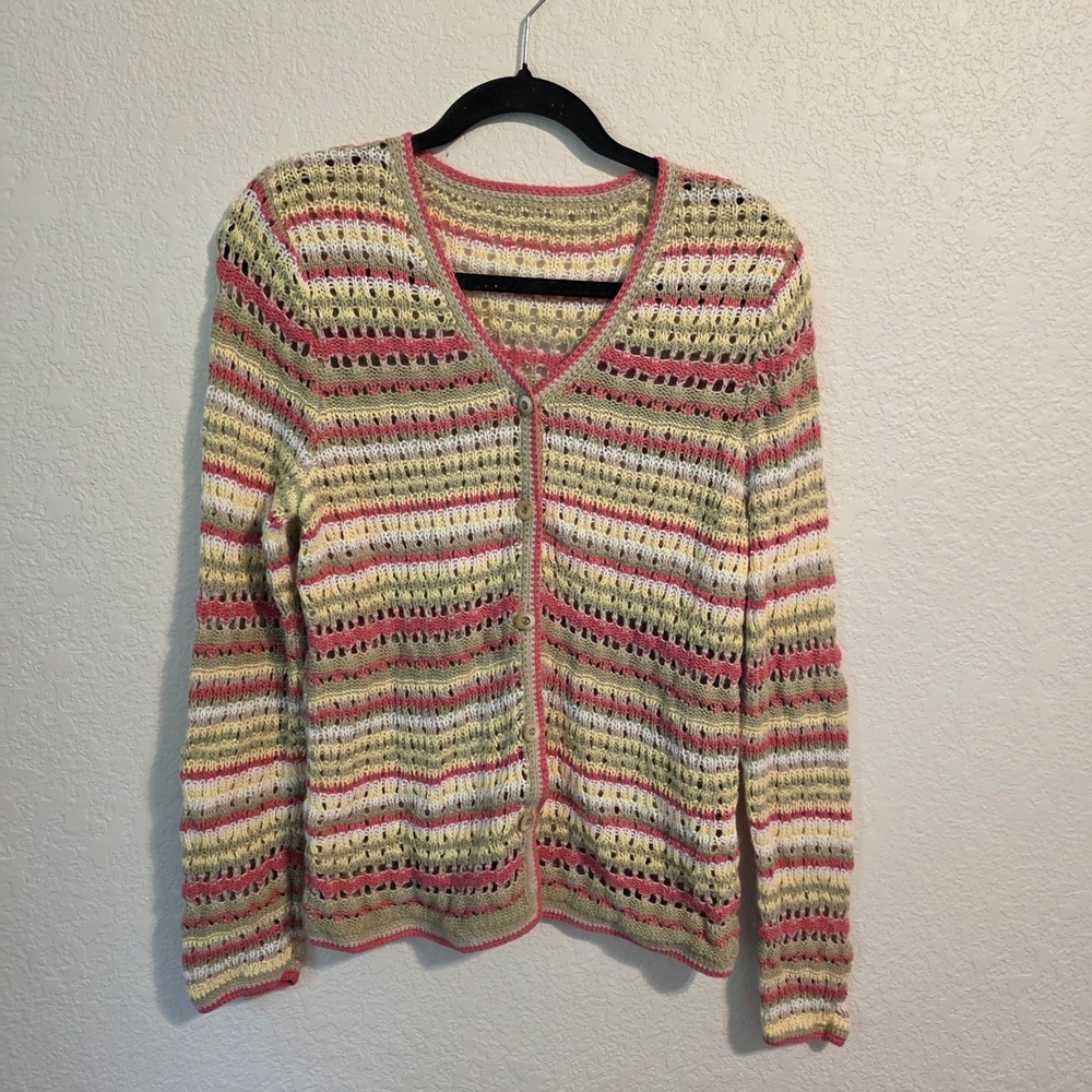 C&B‎ Y2K 2000s Striped Pointelle Knit Cardigan Pink Green Cotton Blend M